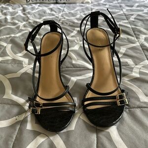 Black strapping, heeled, sandals, gold buckles